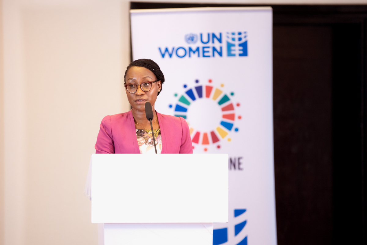 Prof. Jeannette Bayisenge, Minister of Gender and Family Promotion speaking at the UN Women media breakfast meeting. Photo: UN Women/Nextline.