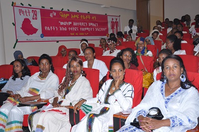IWD Celebrations Ethiopia, Bahar Dar 12.3.16 event, banner in Amharic in the background. Photo credits: UN Women / Ephrem Tesfaye