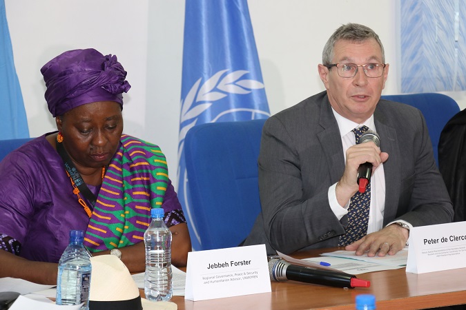 Jebbeh Forster, of UN Women  (left) and Resident Coordinator of Somalia, Peter de Clerq during the joint press conference. Photo: UN Women/ Faith Bwibo