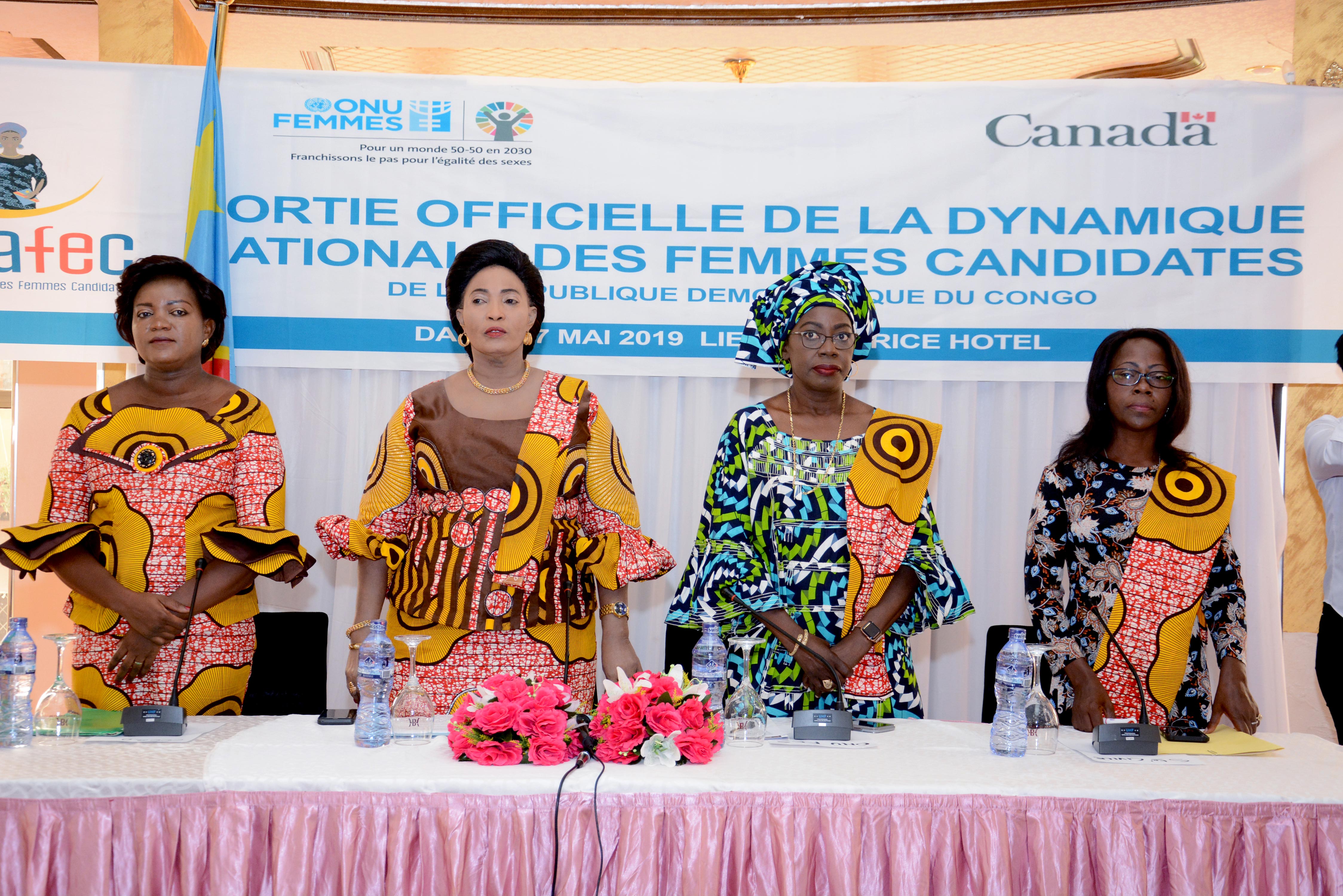 Kinshasa, May 17, 2019 – From left to right Carine, the Coordinator of DYNAFEC, Her Excellency Chantal Safou, Minister of Gender, Child and Family,Mme. Awa Ndiaye Seck, UN Women Representative in the DRC, Ms. Anna Mayimona, Civil Society.