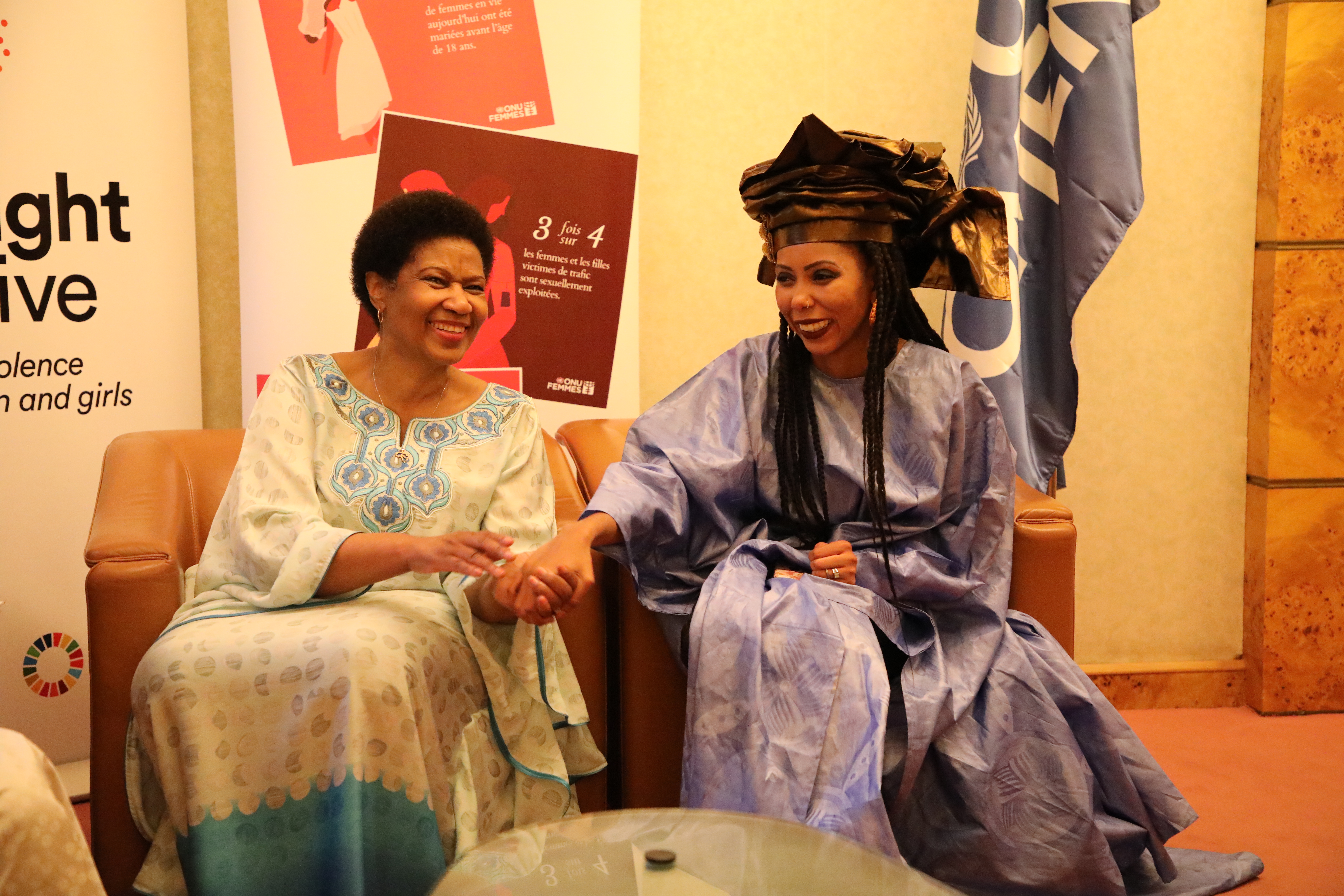 From left to right, UN Women Executive Director, Phumzile Mlambo-Ngcuka , with Jaha Dukureh during the 1st African Summit on Female Genital Mutilation (FGM) and Child Marriage (CM), taking place in Dakar, Senegal. 