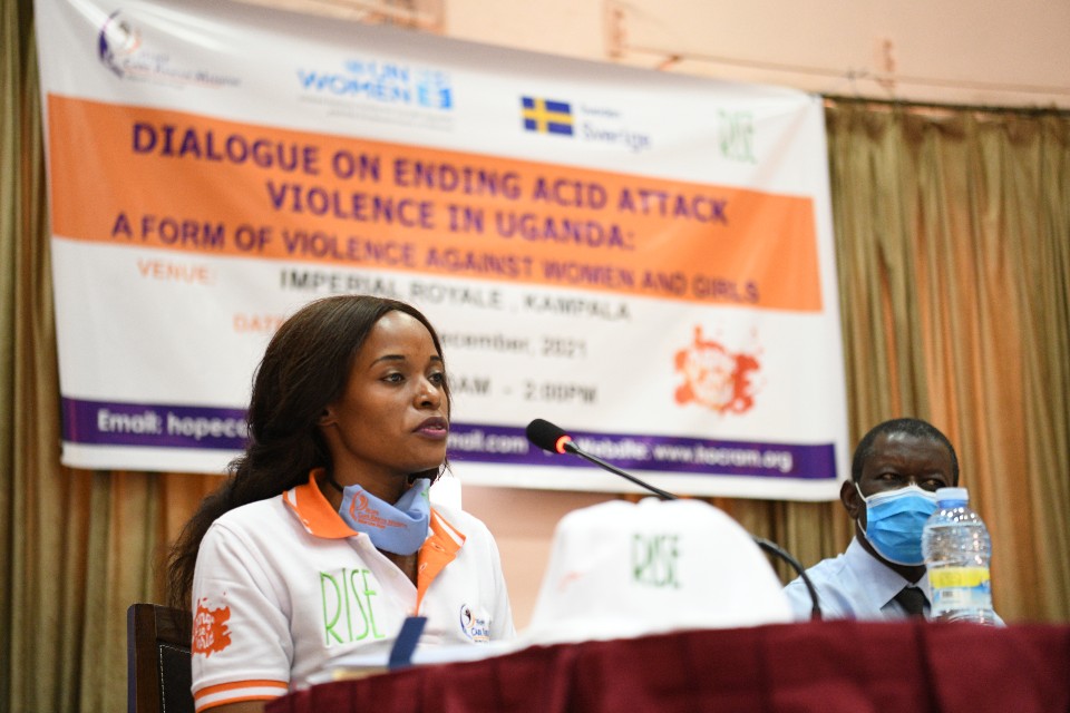 Linneti Kirungi (an acid attack survivor) shares her testimony and story behind why she founded Hope Care Rescue Mission, an organization devoted to empowering survivors of acid attack violence to live with dignity. Photo:UN Women/Eva Sibanda