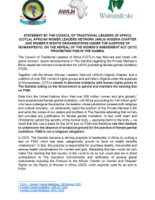 STATEMENT BY THE COUNCIL OF TRADITIONAL LEADERS OF AFRICA (COTLA), AFRICAN WOMEN LEADERS NETWORK (AWLN) NIGERIA CHAPTER AND WOMEN’S RIGHTS ORGANISATIONS UNDER THE AUSPICES OF WOMANIFESTO, ON THE REPEAL OF THE WOMEN’S AMENDMENT ACT (2015) PROHIBITING FGM IN THE GAMBIA