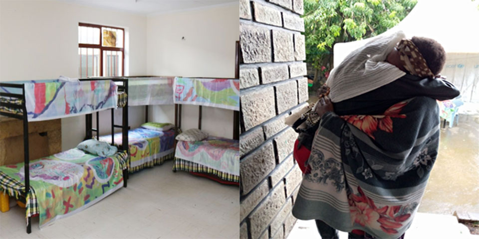 At left, a view of a bedroom at a GSA shelter. At right, a shelter resident reunites with a family member. Photos courtesy of GSA.