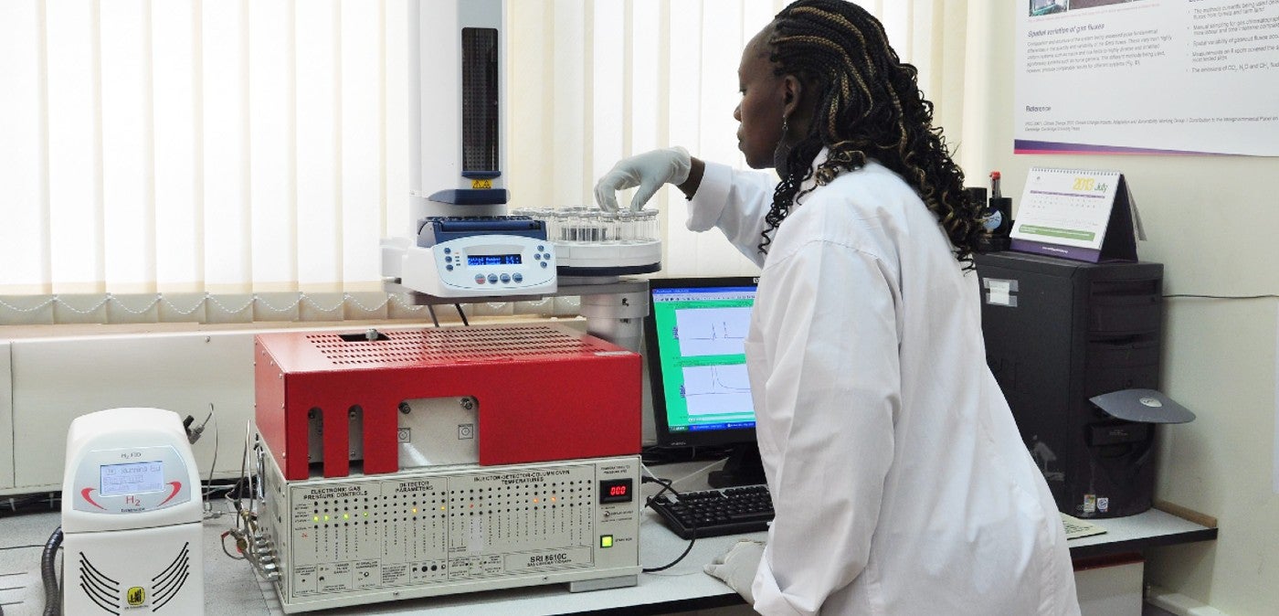 Margaret Thiongo working at the climate change Mitigation Lab at ICRAF headquarters in Nairobi. Photo: ICRAF/Judith Olang