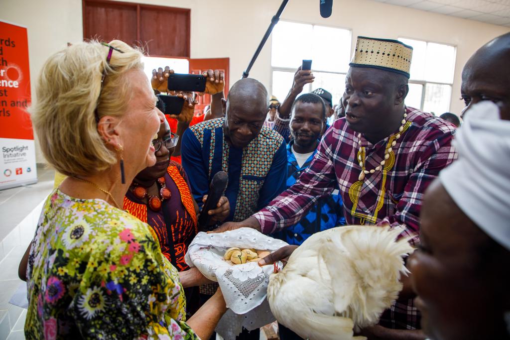 UN Women Deputy Executive Director, Asa Regner received a traditional welcome in Todee, Montserrado County during her visit to Liberia