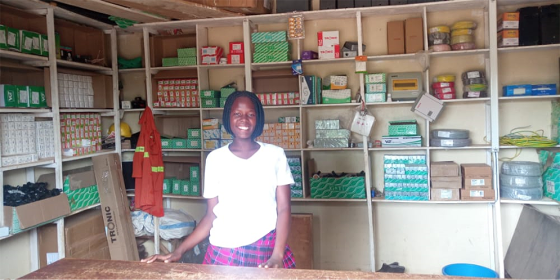 Ateme Salami at her workplace at an electric shop in Soroti City, Uganda. 