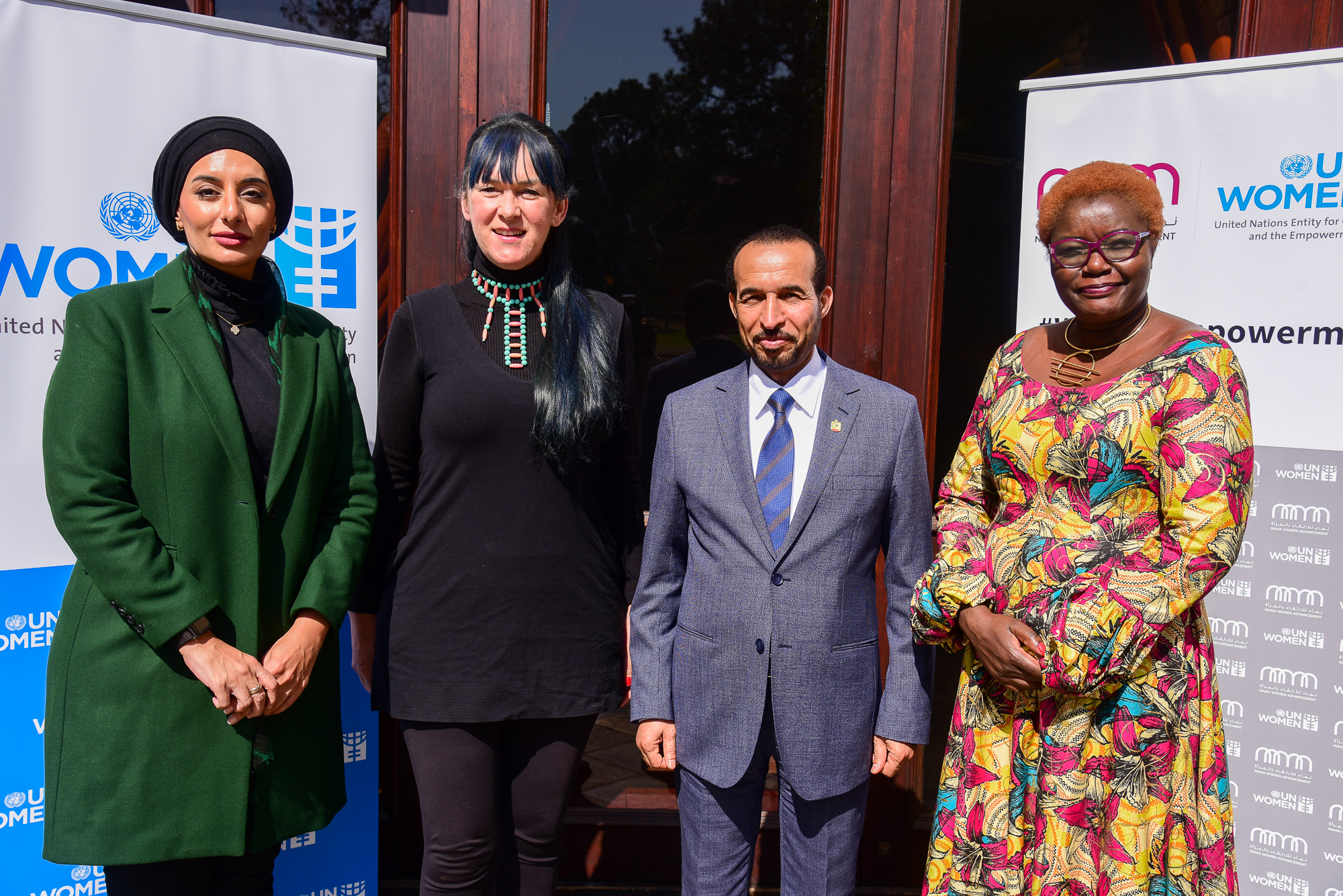 (From left) H.E Reem bin Karam, Aleta Miller - UN Women South Africa MCO Representative, H.E Mahash Saeed Alhameli - Ambassador of the UAE to South Africa, and Dr. Jemimah Njuki - UN Women Chief of Economic Empowerment pose for a group picture on the sidelines of a meeting with met key government sector departments (Photo: UN Women/James Ochweri