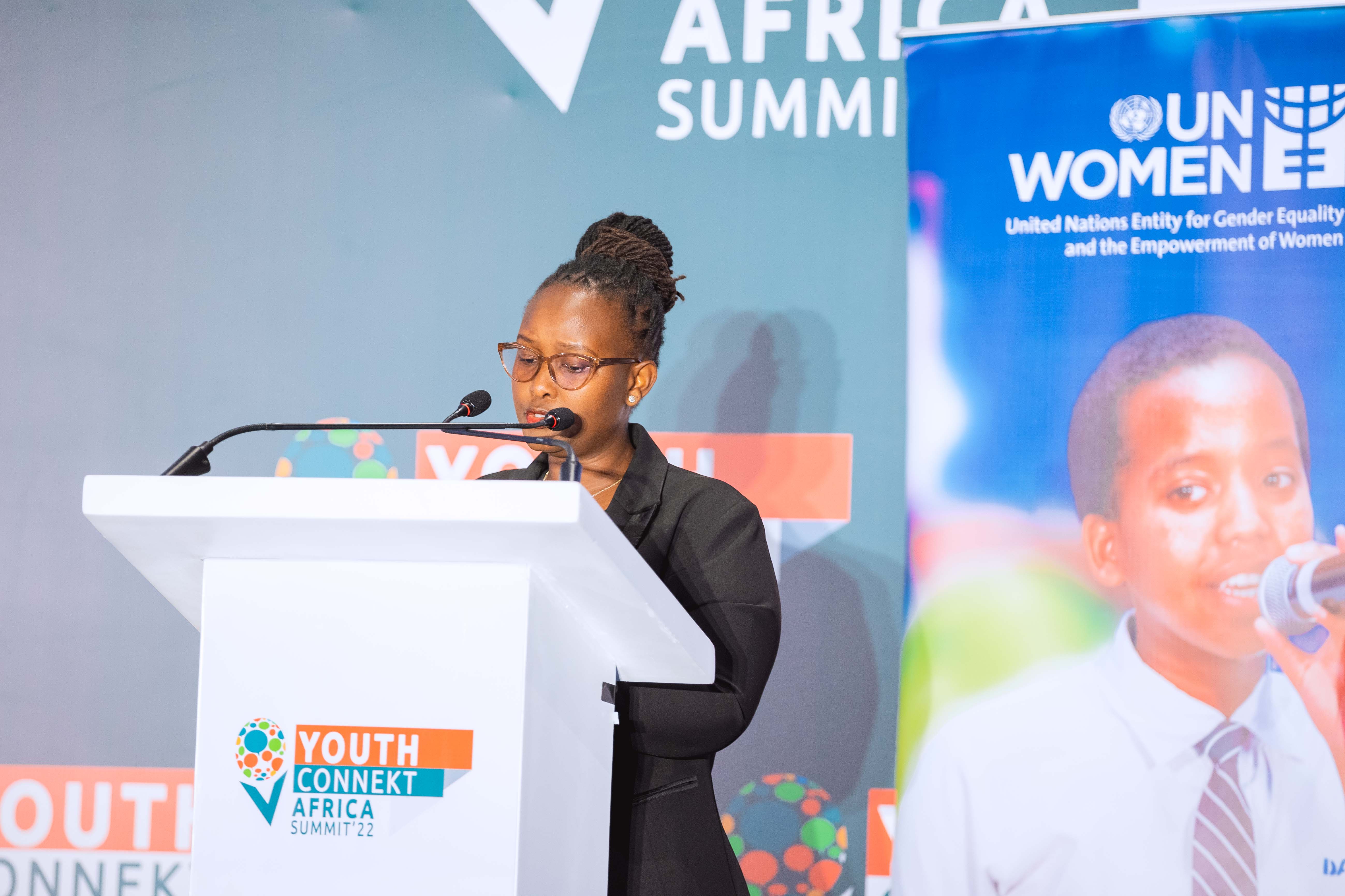 Mireille Batamuliza, Permanent Secretary of the Ministry of Gender and Family Promotion speaking at the Connekted Girls Hub at Intare Arena. Photo Credit: UN Women/Next line