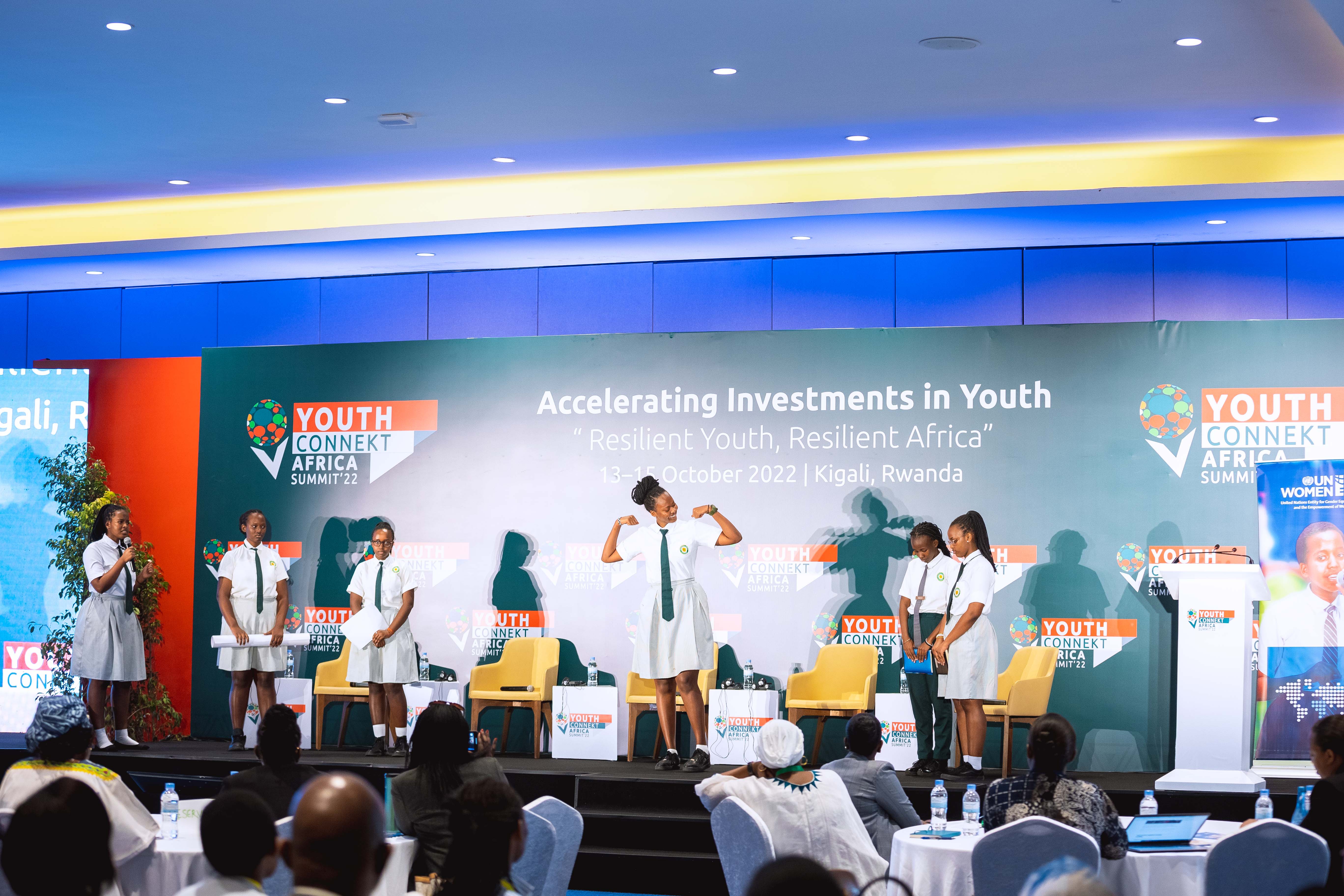 Gashora Girls School performing a sketch on the ingrained stereotypes and social norms that limit the girl’s ability to join STEM. Photo: UN Women Rwanda/Next line