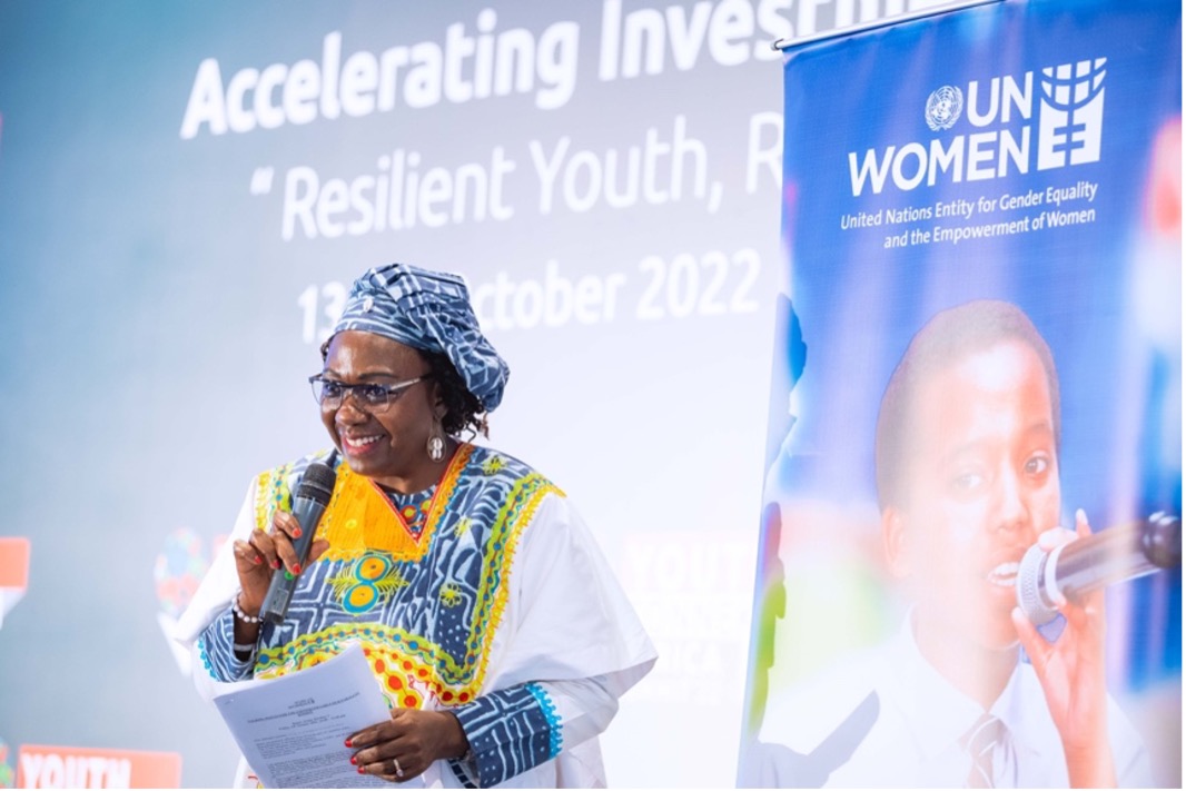 Jennet Kem, Country Representative, giving a vote of thanks after a successful Connekted Girls Hub 2022 edition. Photo Credit: UN Women/Next line