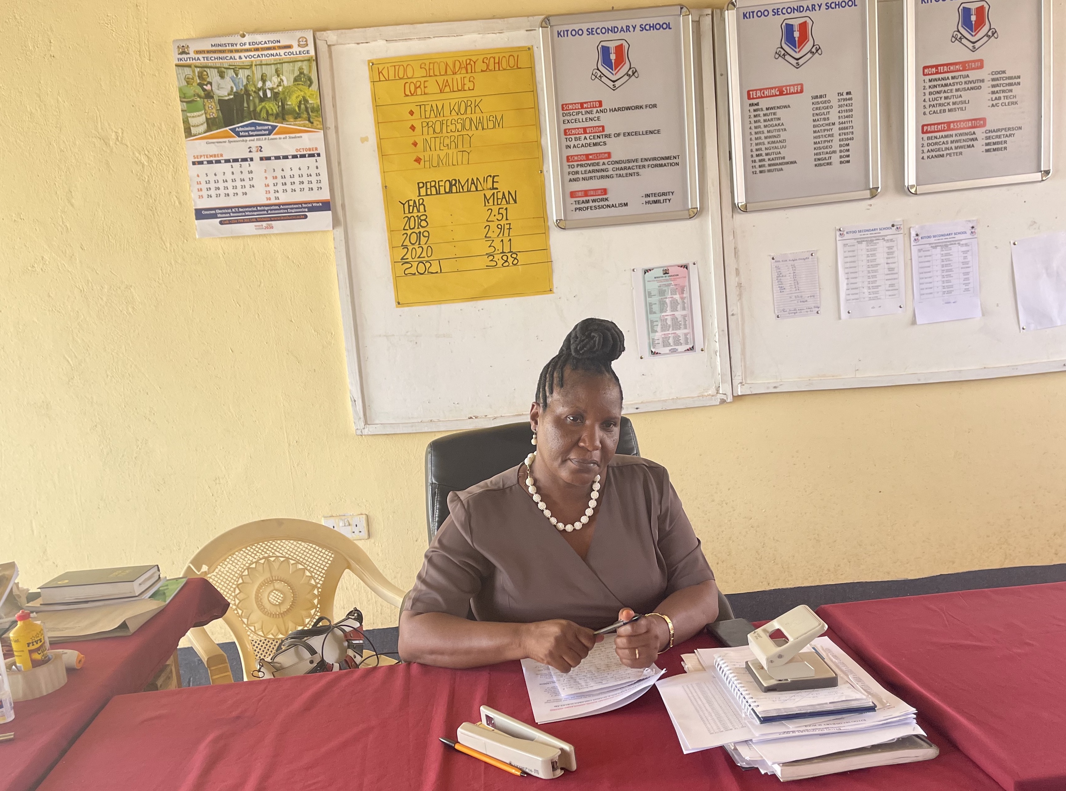 Dorcas Mwendwa has been the head teacher of Kitoo Secondary school for 17 years. Photo: UN Women/Tabitha Icuga