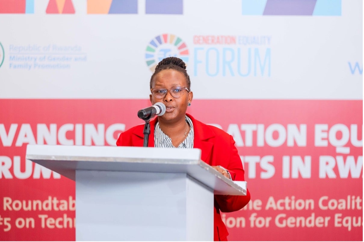 Batamuliza, Permanent Secretary, Ministry of Gender and Family Promotion delivering her keynote remarks at the GEF reflection day. Photo: UN Women/ Next line.