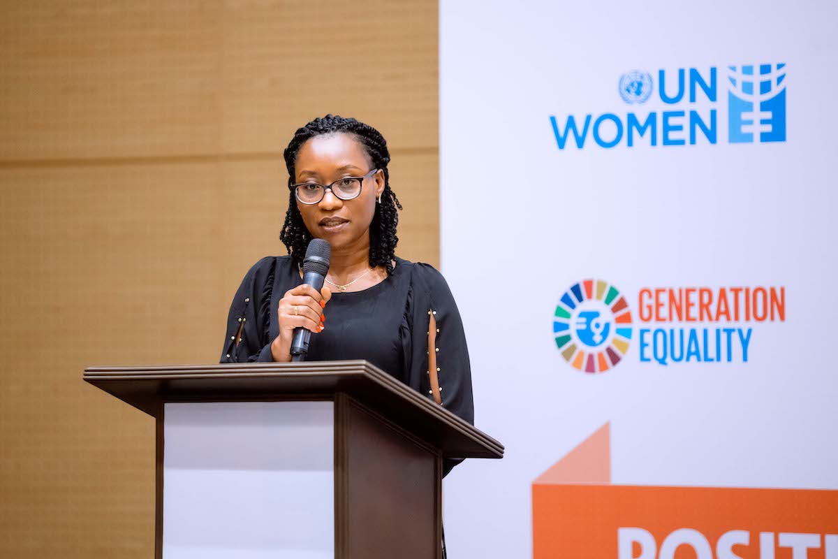 Hon. Prof. Jeannette Bayisenge, Minister of Gender and Family Promotion delivering her keynote address at the Gender Dialogue. Photo Credit: UN Women Rwanda/Nextline 