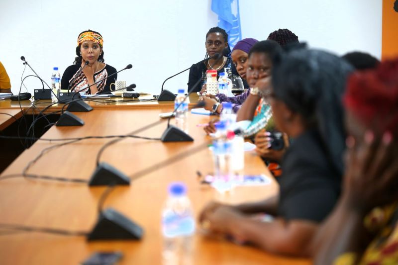 Jaha Dukureh, UN Women Goodwill Ambassador for Africa addresses the media during a press conference in Monrovia, Liberia.