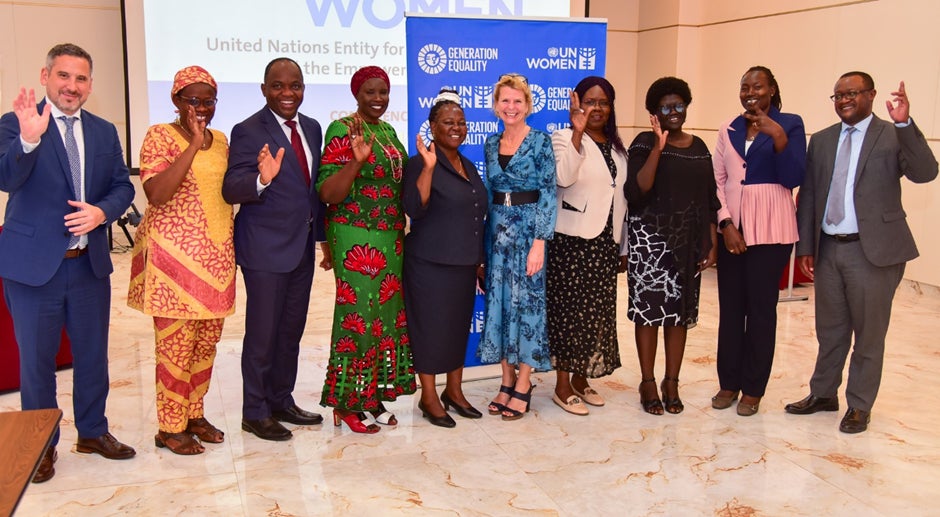 Ms. Regnér and Dr Maxime Houinati poses for a photo with women ministers in Juba after a discussion with them 