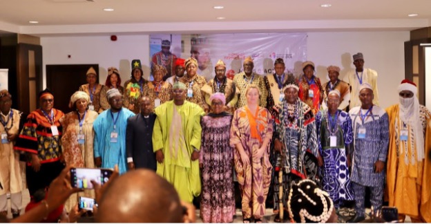 Ms. Florence Raes, UN Women's Regional Director a.i. for West and Central Africa & Mrs. Marie-Thérèse Abena Ondoa, Minister for the Promotion of Women and the Family of Cameroon in group photo with Traditional leaders from West and Central Africa during the regional forum in Douala. 