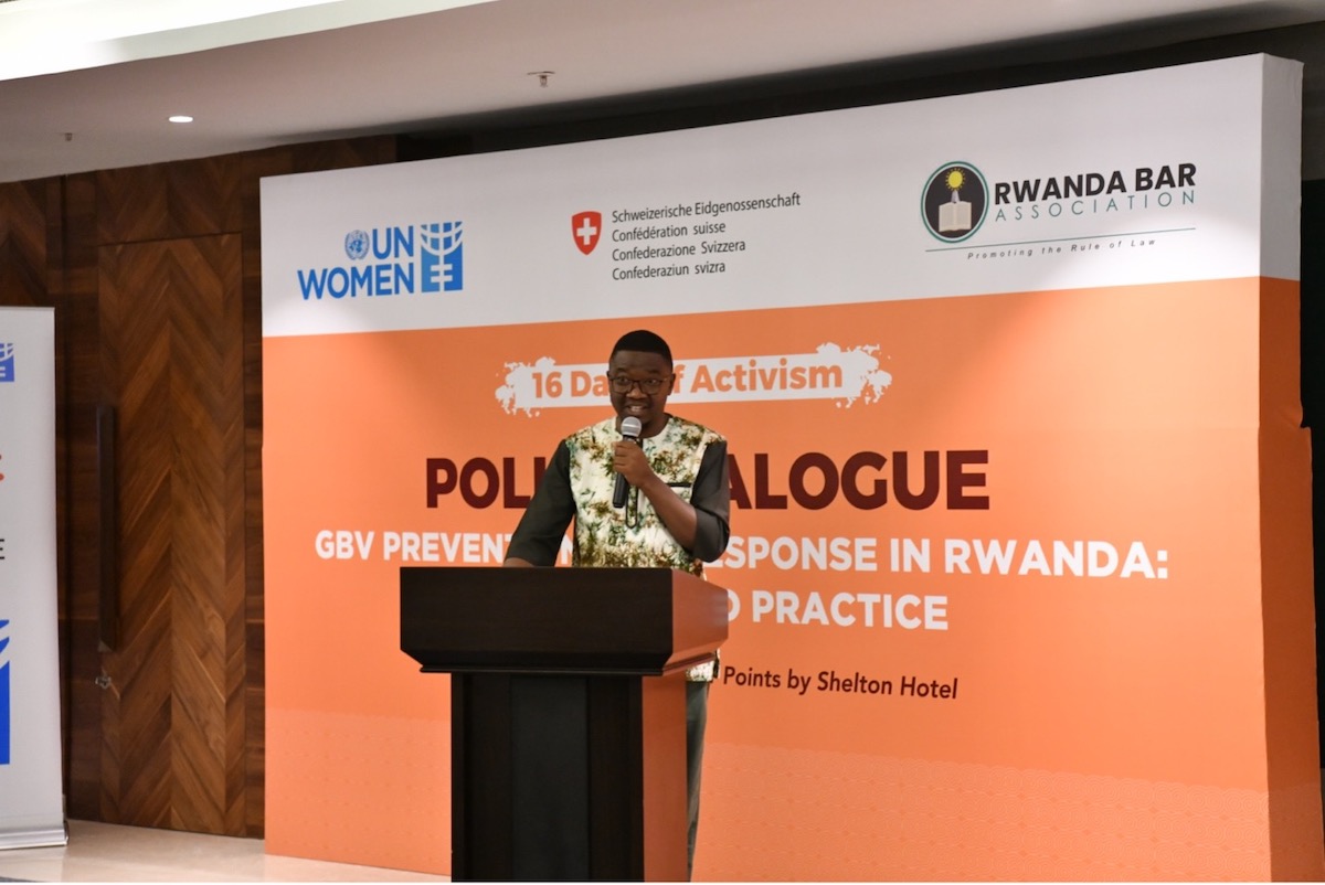 Mr. Silas Ngayaboshya, Director Gender of Gender Promotion and Women Empowerment at the Ministry of Gender and Family Promotion of delivering his remarks at the GBV Policy Dialogue at Four Points by Sheraton. Photo: UN Women/Pearl Karungi.