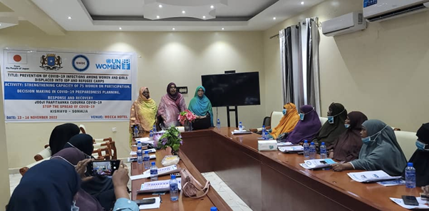 Capacity-building training on participation, decision-making in COVID-19 preparedness planning, response and recovery in Kismaayo. Opening remarks by Maryan Takhal SWDC Management and Mrs. Adar Jurat. Photo: UN Women