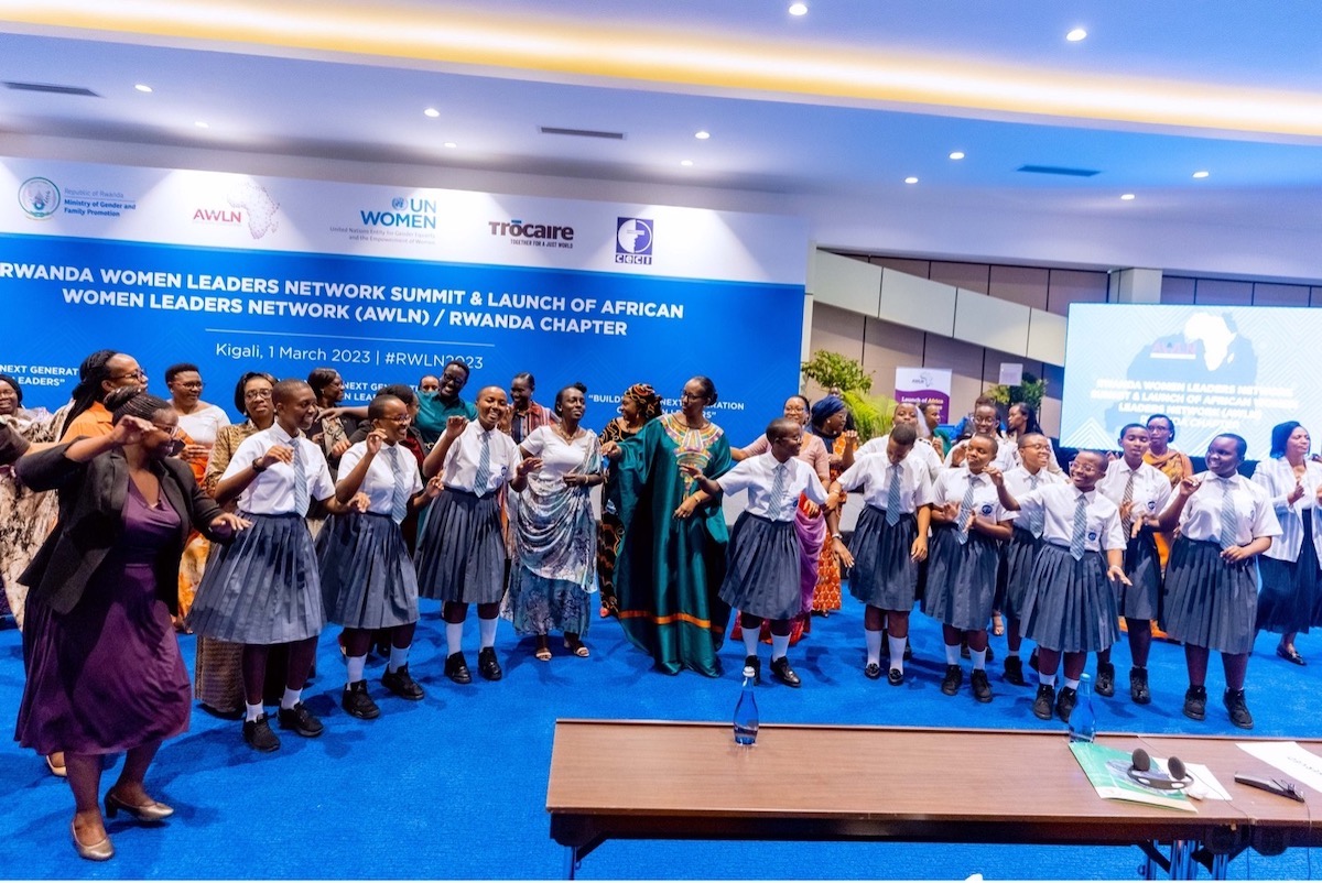 A group of delegates dancing at the AWLN launch event at the Intare Arena, Kigali Rwanda. Photo: Courtesy of NWC.