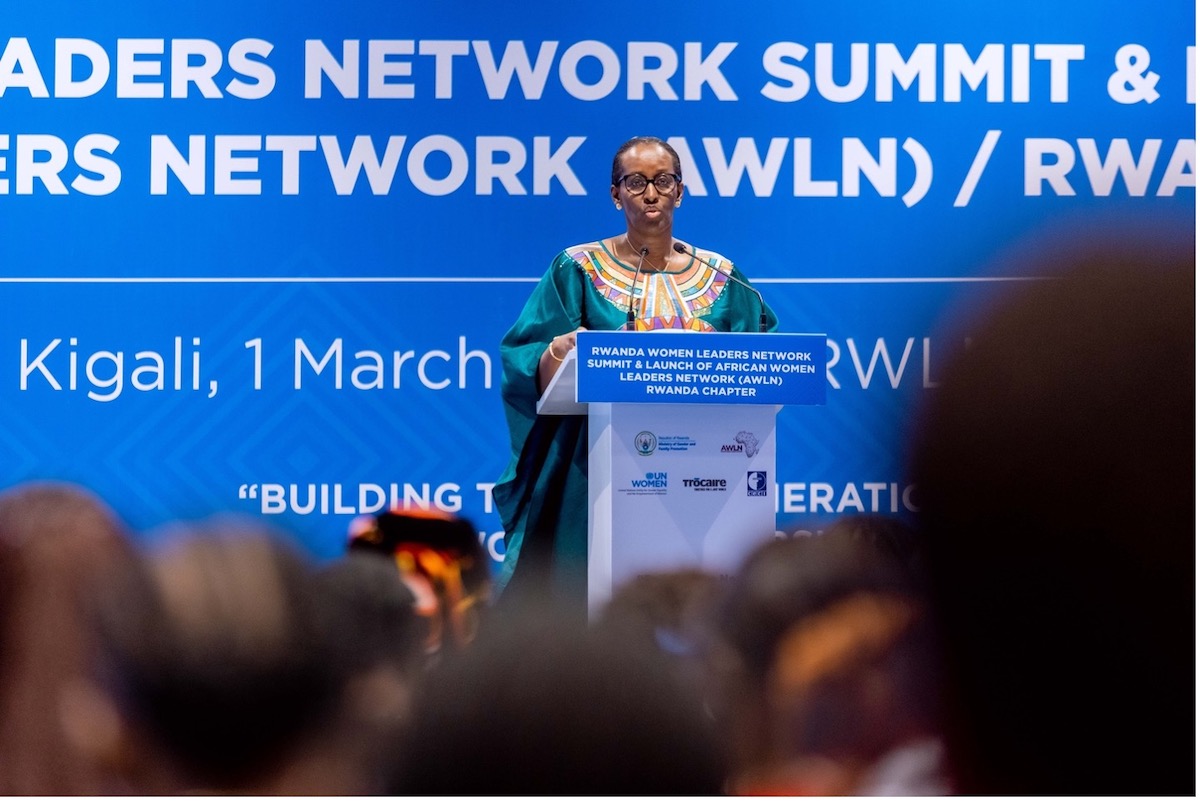 H.E Jeannette Kagame, the First Lady of Rwanda and guest of honor delivering her remarks at the launch of AWLN  at Intare Arena. Photo courtesy of NWC.