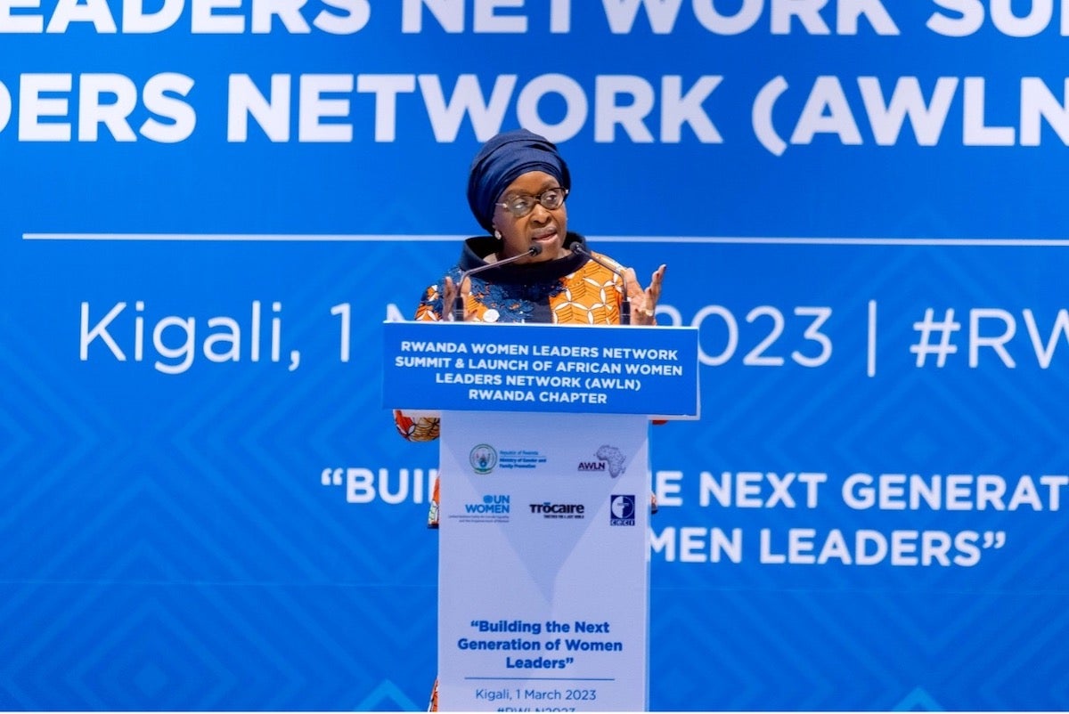 Mme. Bineta Diop, AUC Special Envoy on Women, Peace and Security speaking at AWLN launch at the Intare Arena, Kigali Rwanda. Photo: Courtesy of National Women’s Council.