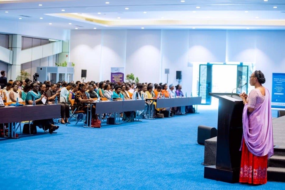 Hon. Prof Jeannette Bayisenge, Minister of Gender and Family Promotion delivering her welcome remarks during the AWLN launch at Intare Arena, Kigali Rwanda.