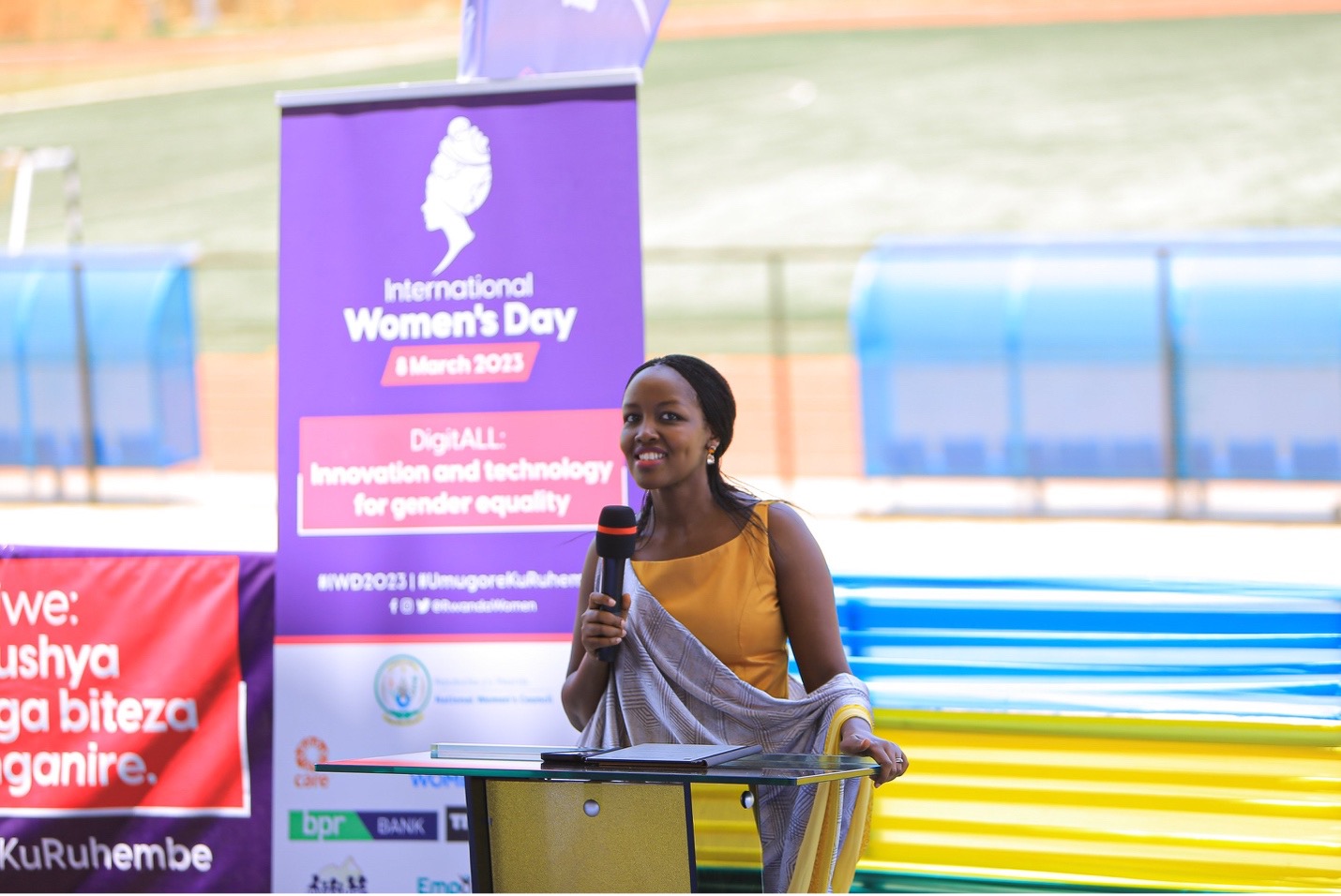 Hon. Paula Ingabire, Rwanda’s Minister of ICT and Innovation and guest of honor delivering her key remarks at the IWD celebration in Nyagatere district. Photo: UN Women/Pearl.