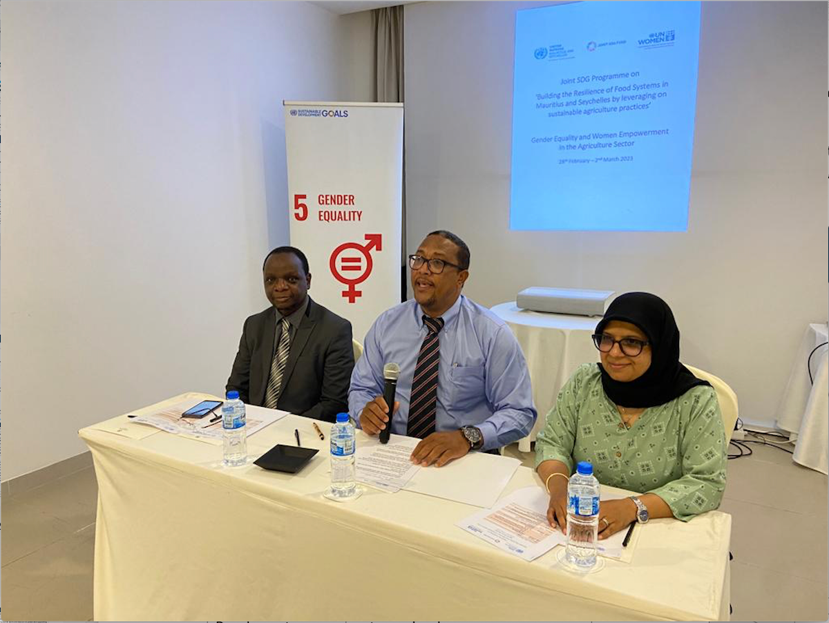 UN Women moderating the opening remarks session presented by Mr. Clive Roucou, Principal Secretary for the Family Department, Ministry of Youth, Sports and Family and Dr. Rex Mpazanje, WHO Representative Seychelles. Photo: Zahra Sheikh-Ahmed / UN Women. 