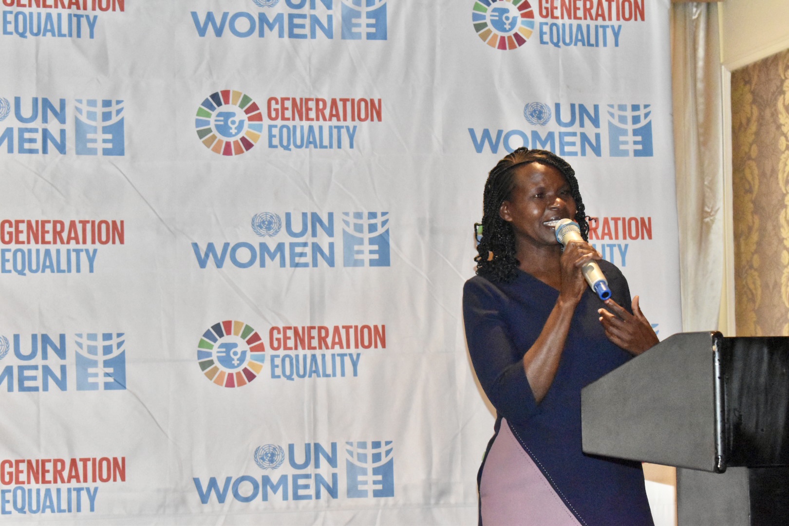 Avia Munyao speaking during UN Women Kenya Strategic Note 2023-2026 launch. Photo: UN Women/Tabitha Icuga