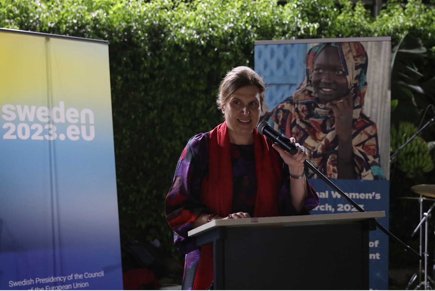 Ambassador of Sweden, H.E, Signe Burgstaller giving her opening remarks at the reception. Photo: UN Women/Aijamal Duishebaeva