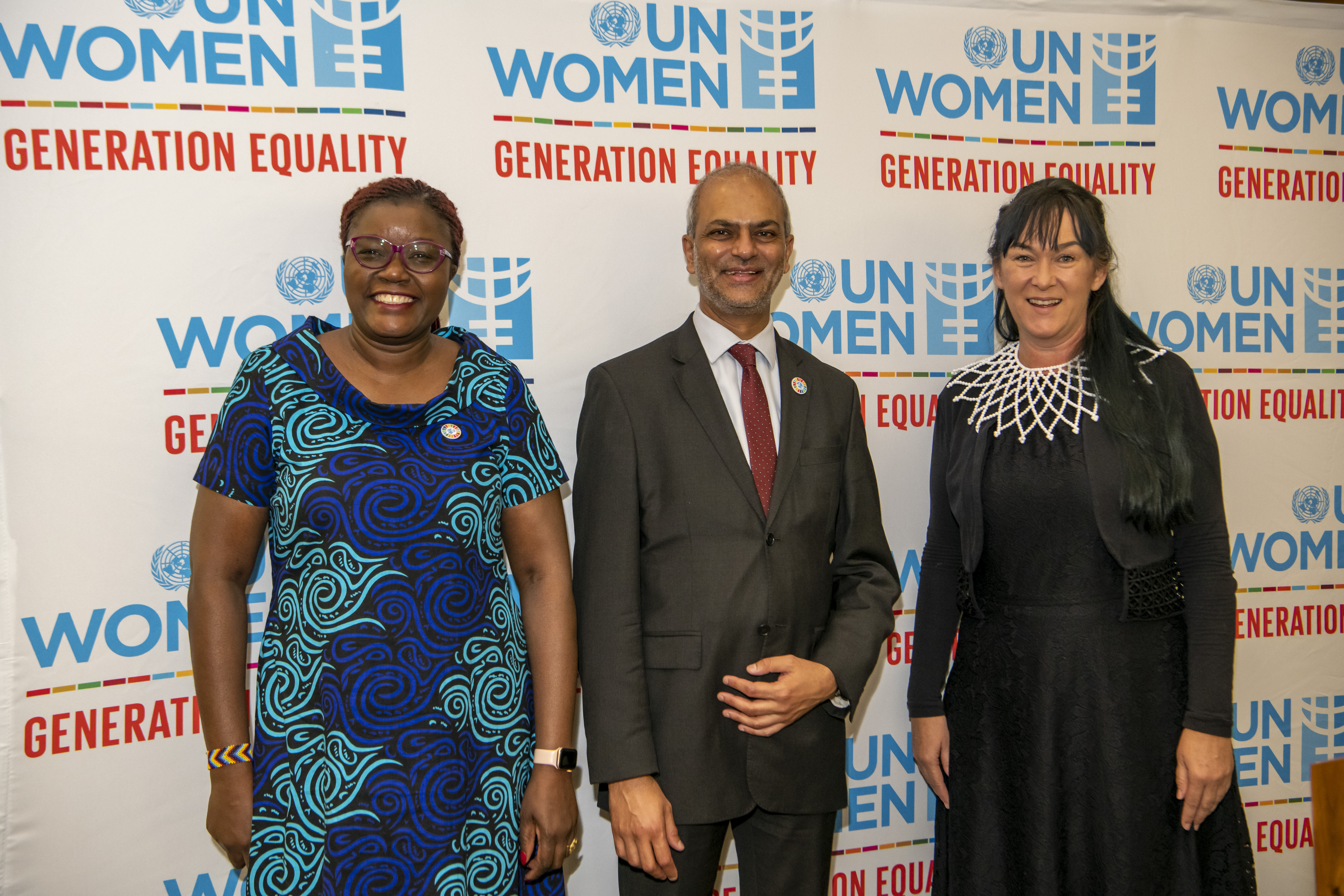 Dr. Jemimah Njuki, UN Women Chief of Womens Economic Empowerment; Department of International Relations and Cooperation’s (DIRCO) Acting Deputy Director-General, Zaheer Laher and Aleta Miller, Representative for UN Women South Africa Multi-Country Office Photo: UN Women/ Rebecca Hearfield