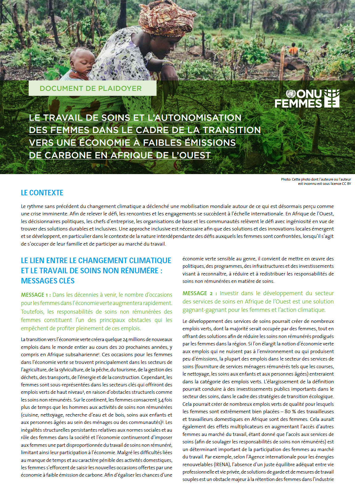 LE TRAVAIL DE SOINS ET L’AUTONOMISATION DES FEMMES DANS LE CADRE DE LA TRANSITION VERS UNE ÉCONOMIE À FAIBLES ÉMISSIONS DE CARBONE EN AFRIQUE DE L’OUEST