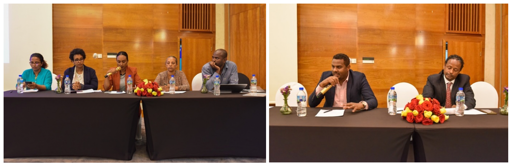 Participants of a panel discussion on the Enabling Environment and Gaps for enhancing women's access to resources, including technologies (left). Gemechu Shale (PhD), Ambo University (right) presenting Research paper on the quest for gender-responsive information communication technologies (ICTs) policyand Tages Mulugeta, International and Regional Trade Integration from Ministry of Trade and Regional Integration presenting AfCFTA initiative focusing on WEE. Photo: UN Women/Tensae Yemane