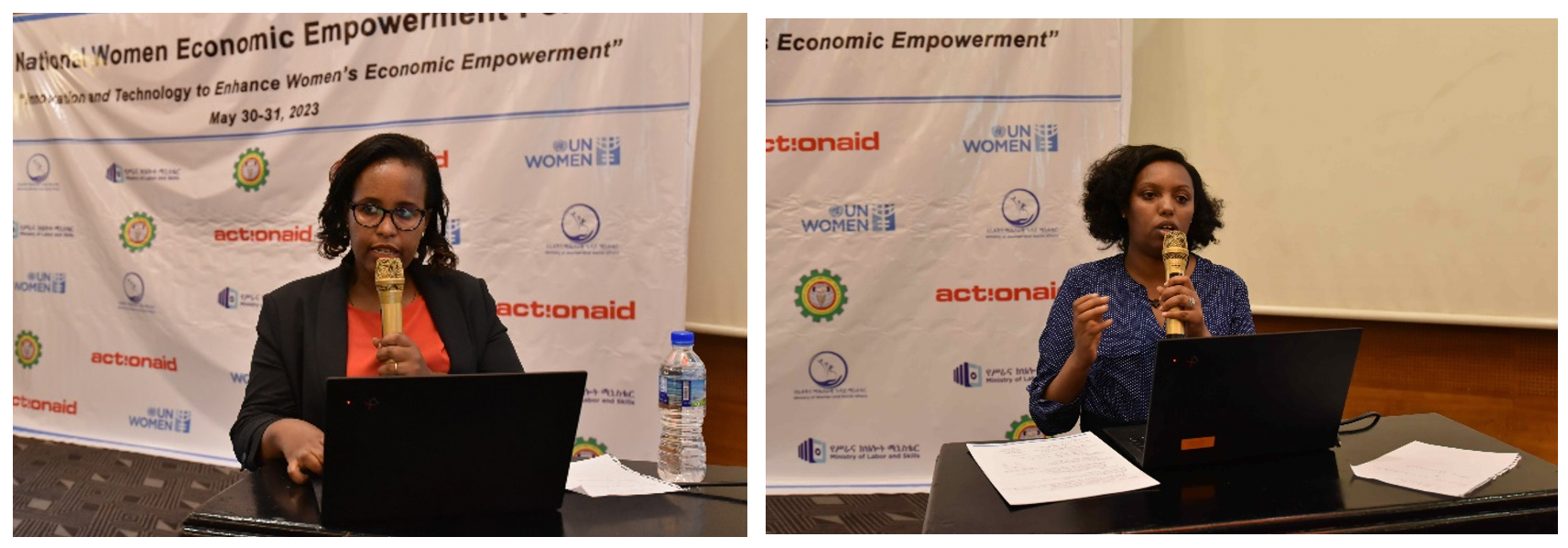 From left: Ms. Sinidu Fekadu, Project Expert at UN Women Ethiopia, delivering a presentation on General overview of NWEEF and progress updates. Right: Ms. Bezawit Bekele, Program Officer at UN Women Ethiopia, presenting the National Gender Equality and Women Empowerment Draft Policy. Photo: UN Women/Tensae Yemane