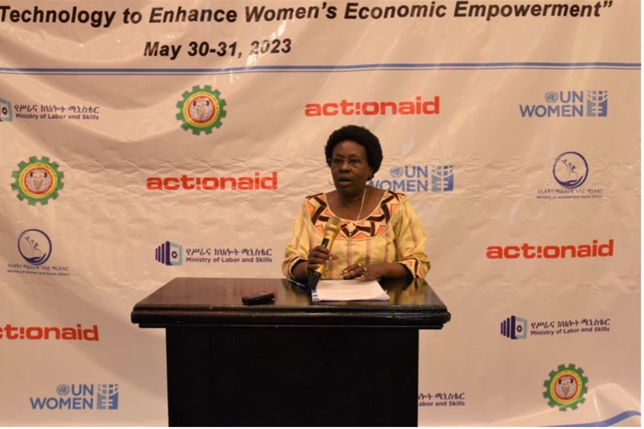 Cecile Mukarubuga, UN Women Representative to Ethiopia delivering keynote speech. Photo: UN Women/Tensae Yemane