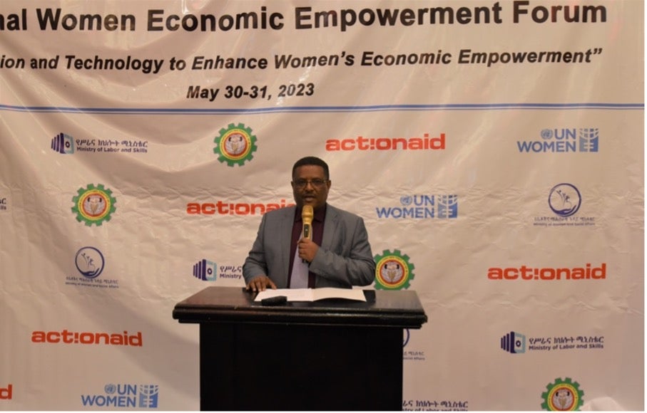 HE Mr. Nigussu Tilahun, State Minister of Jobs and Employment Affairs at Ministry of Labor and Skills, delivering keynote address. Photo: UN Women/Tensae Yemane