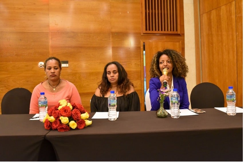 Role model women (left) sharing Innovative technologies that support other women to scale up their businesses and earnings.  Photo: UN Women/Tensae Yemane