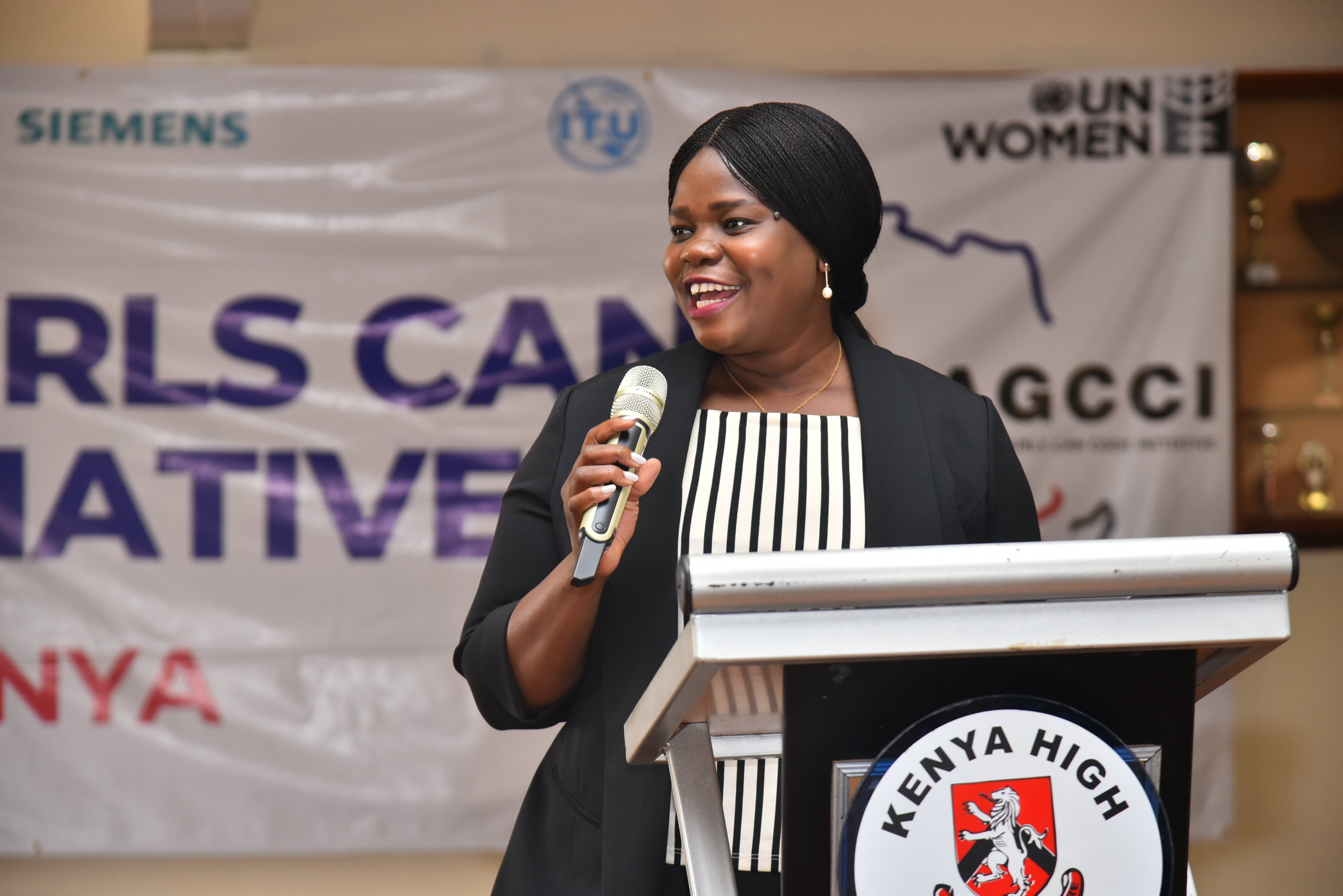 Anna Mutavati speaking at the AGCCI Coding Camp in Kenya. Photo: UN Women/James Ochweri