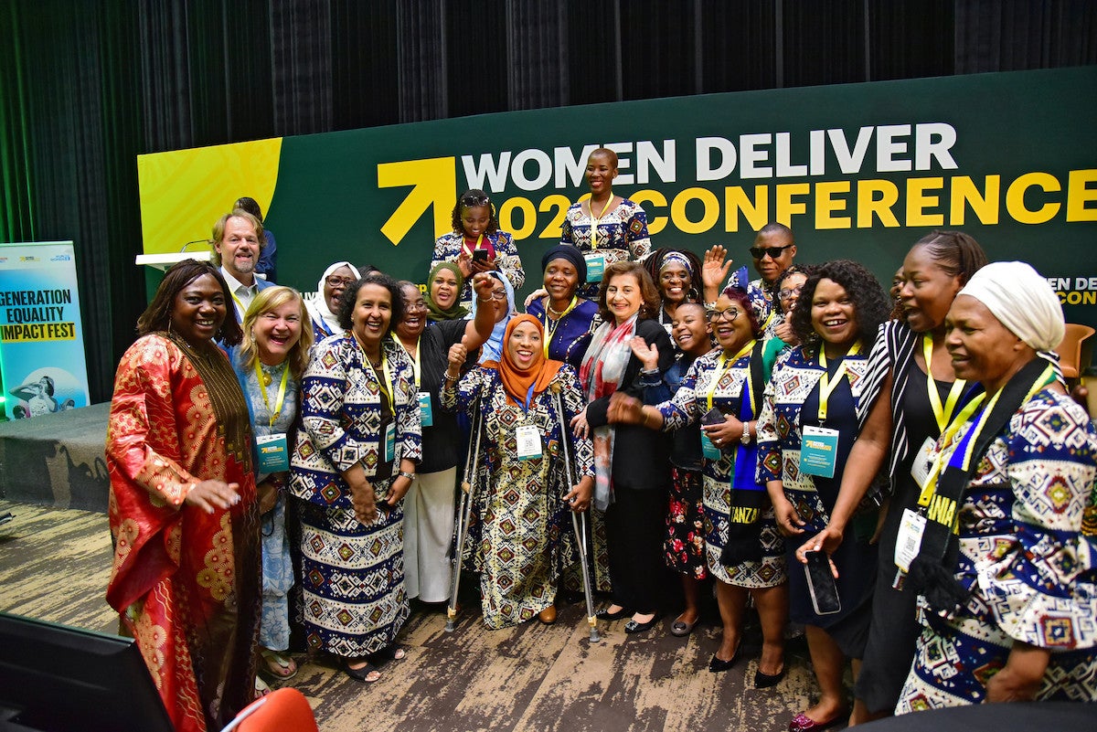 UN Women Executive Director Bahous with UN Women staff, partners, and the Tanzania delegation to Women Deliver 2023, led by the Tanzania Minister for Community Development, Gender, Women and Special Groups, Dorothy Gwajima. Tanzania and Iceland will co-host the Generation Equality Midpoint Summit in New York in September 2023. Photo: UN Women/James Ochweri