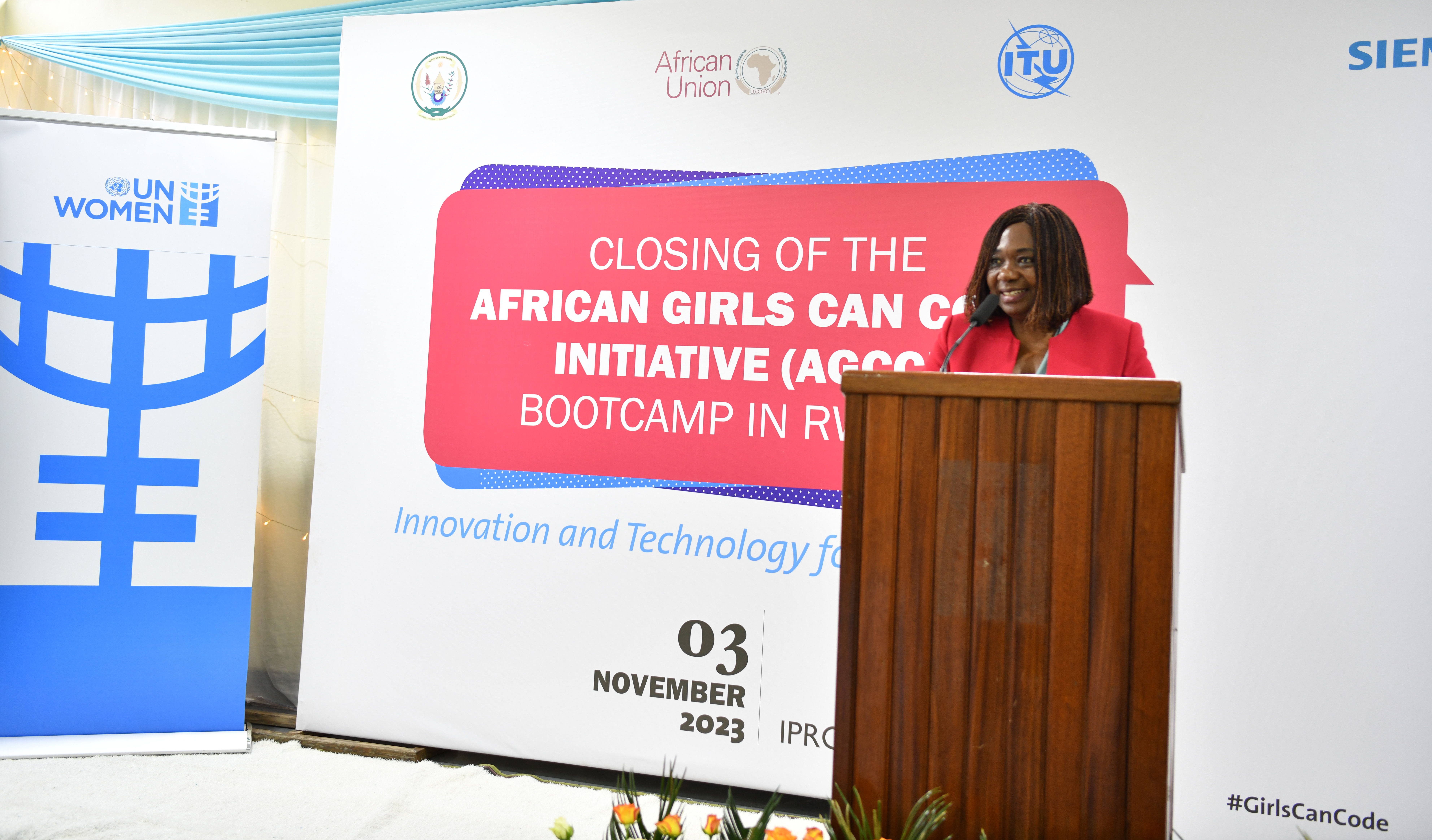 UN Women Rwanda Representative, Ms. Jennet  Kem addressing the audience during the closing of the AGCCI bootcamp.