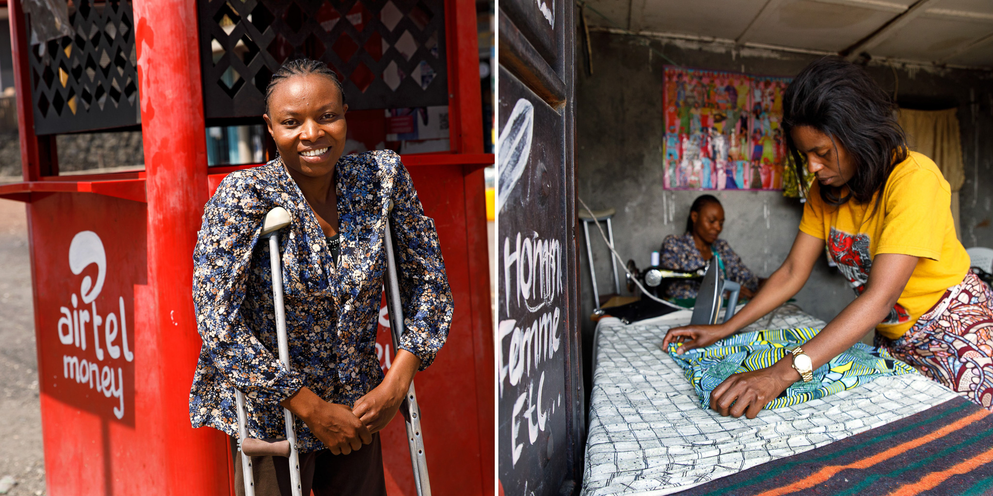 To the left, Yvonne outside her mobile unit cabin in Goma. To the right, the young apprentice that Yvonne took under her wing in her workshop. Photo: UN Women / Ryan Brown.