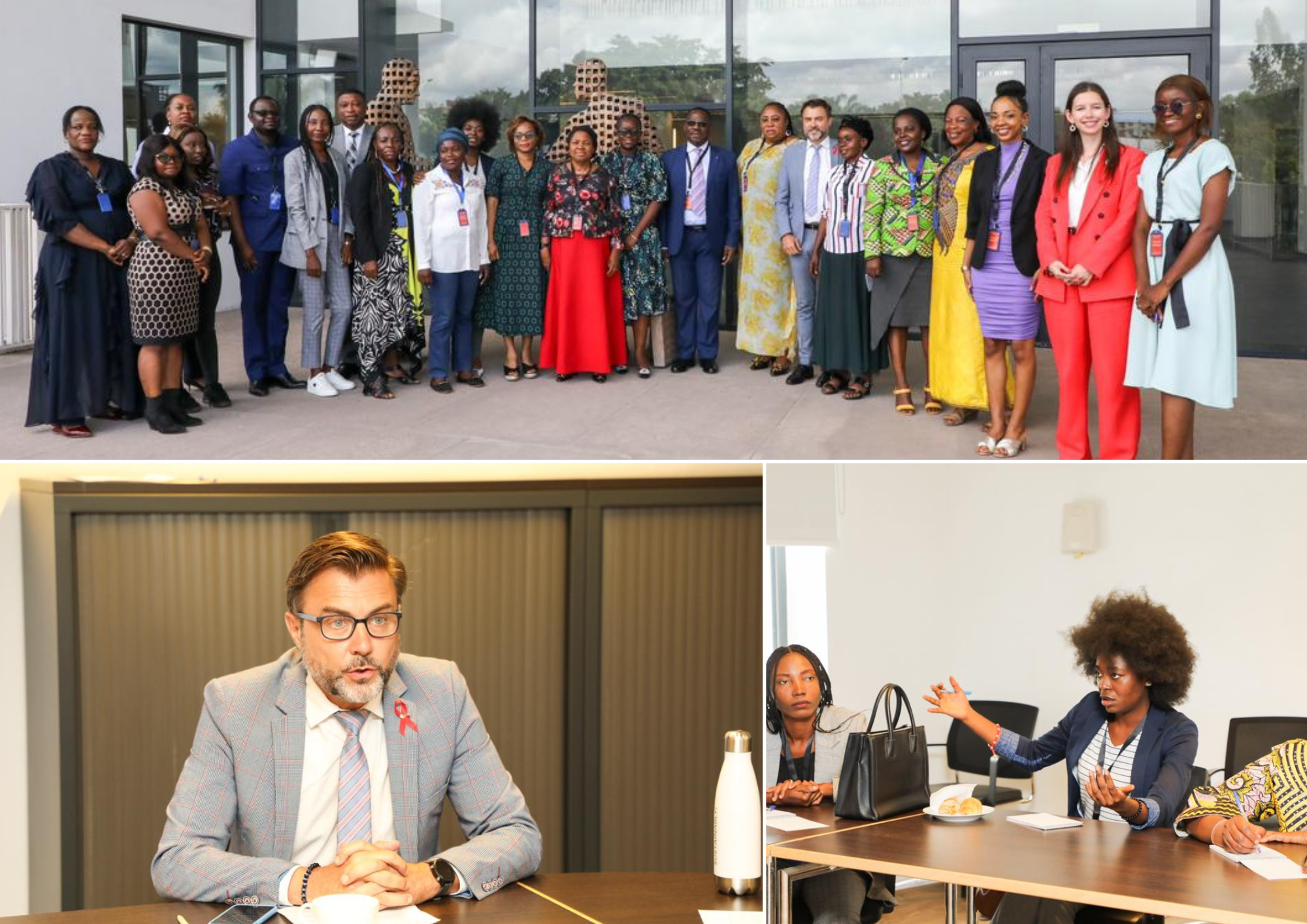 Top: the family photo of the organisers and women researchers. Botton left: Eric Willemaers, Ministre-Conseiller et Chef de la Coopération à l’Ambassade de Belgique à Kinshasa. Bottom right: Immaculée, a researcher at the University of Kinshasa, expresses her concerns. Photo: UN Women / Marina Mestres Segarra.