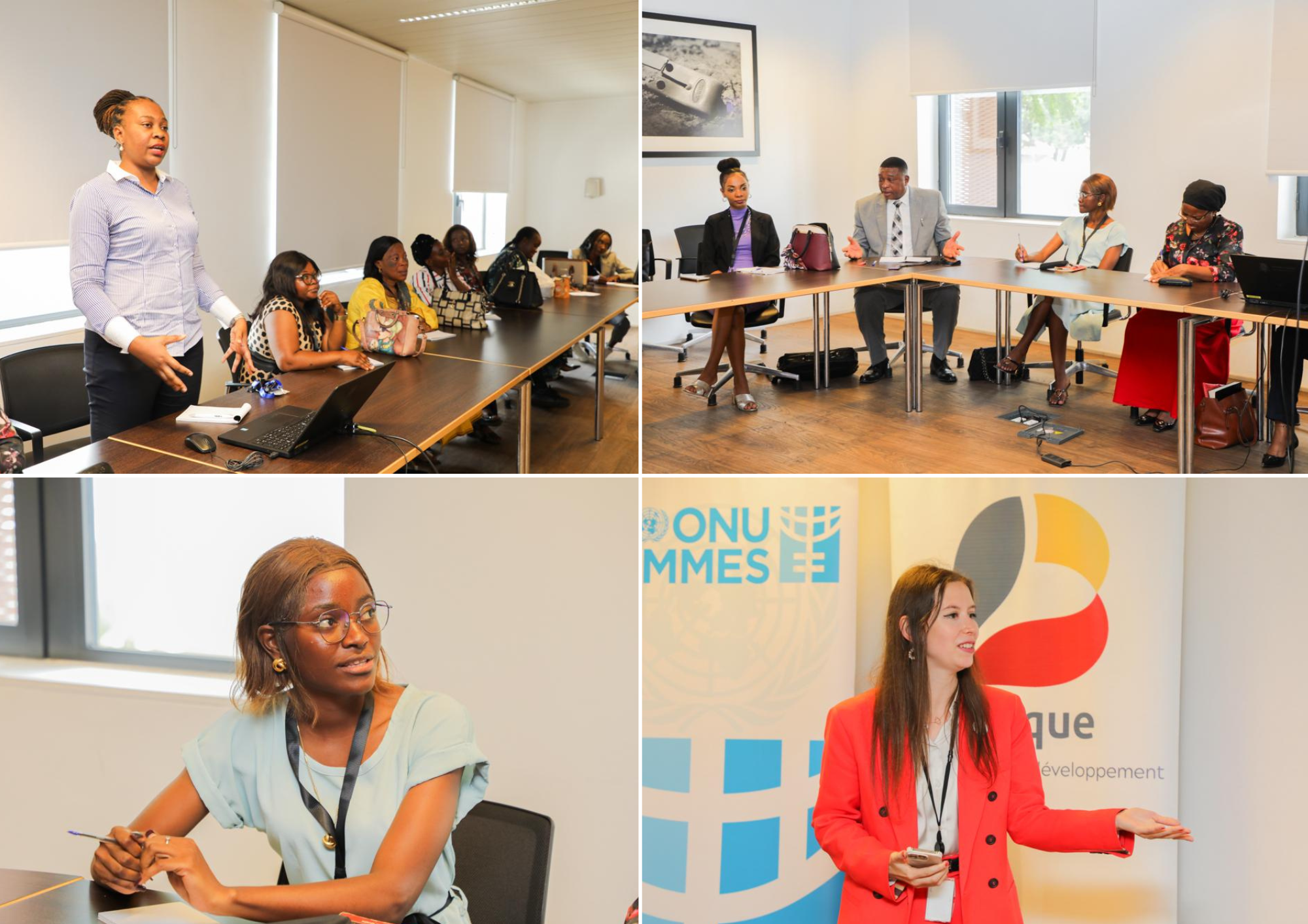 Top: The researchers and UN Women experts engage in interesting discussion about the integration of a gender perspective in the university. Bottom left: Abigaelle, a researcher of the University of Kinshasa and member of the association Show Me the Way, shares her opinion with the participants. Bottom right: Dilay Karakadioglu, Belgian diplomat working on development coordination at the Belgian Embassy in Kinshasa. Photo: UN Women / Marina Mestres Segarra.