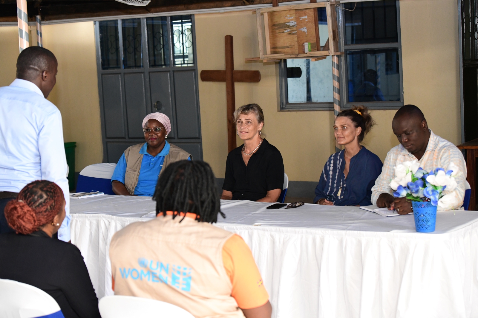Ambassador Hermansen, being briefed about the second chance education component of the LEAP program at the Ebeneezer Global Hub in Yumbe district. Photo: UN Women/Samuel Wamuttu  ​