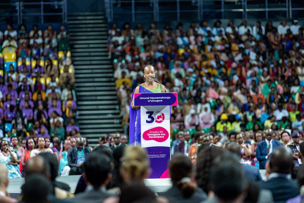 Chief Gender Monitor, Ms. Nadine Umutoni sharing her remarks at the national celebration. Photo courtesy of the Newtimes.