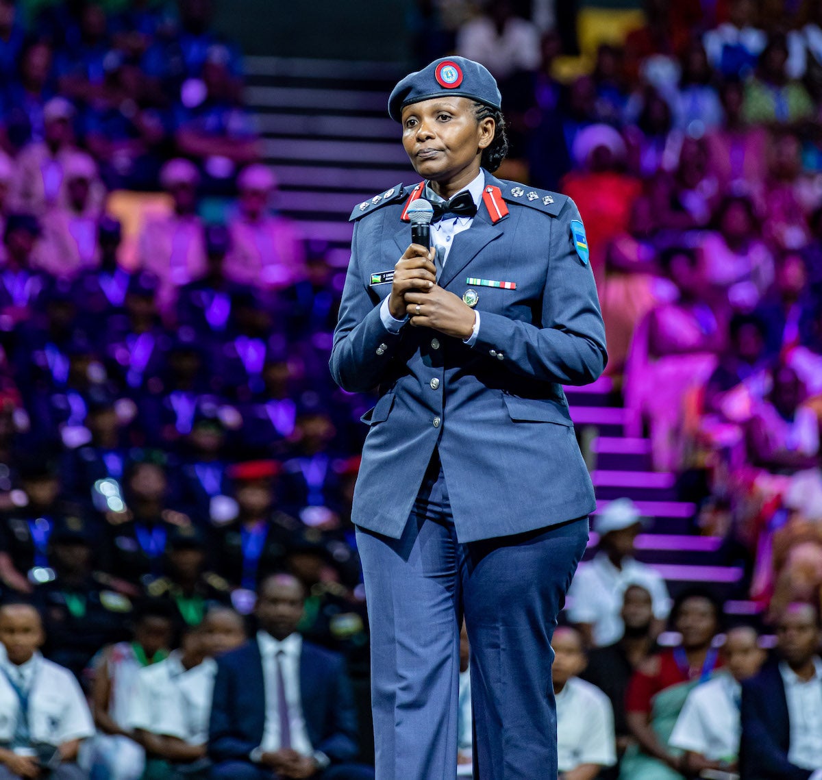 Col Stella Uwineza, speaking at the IWD celebration. Photo courtesy, the Newtimes.