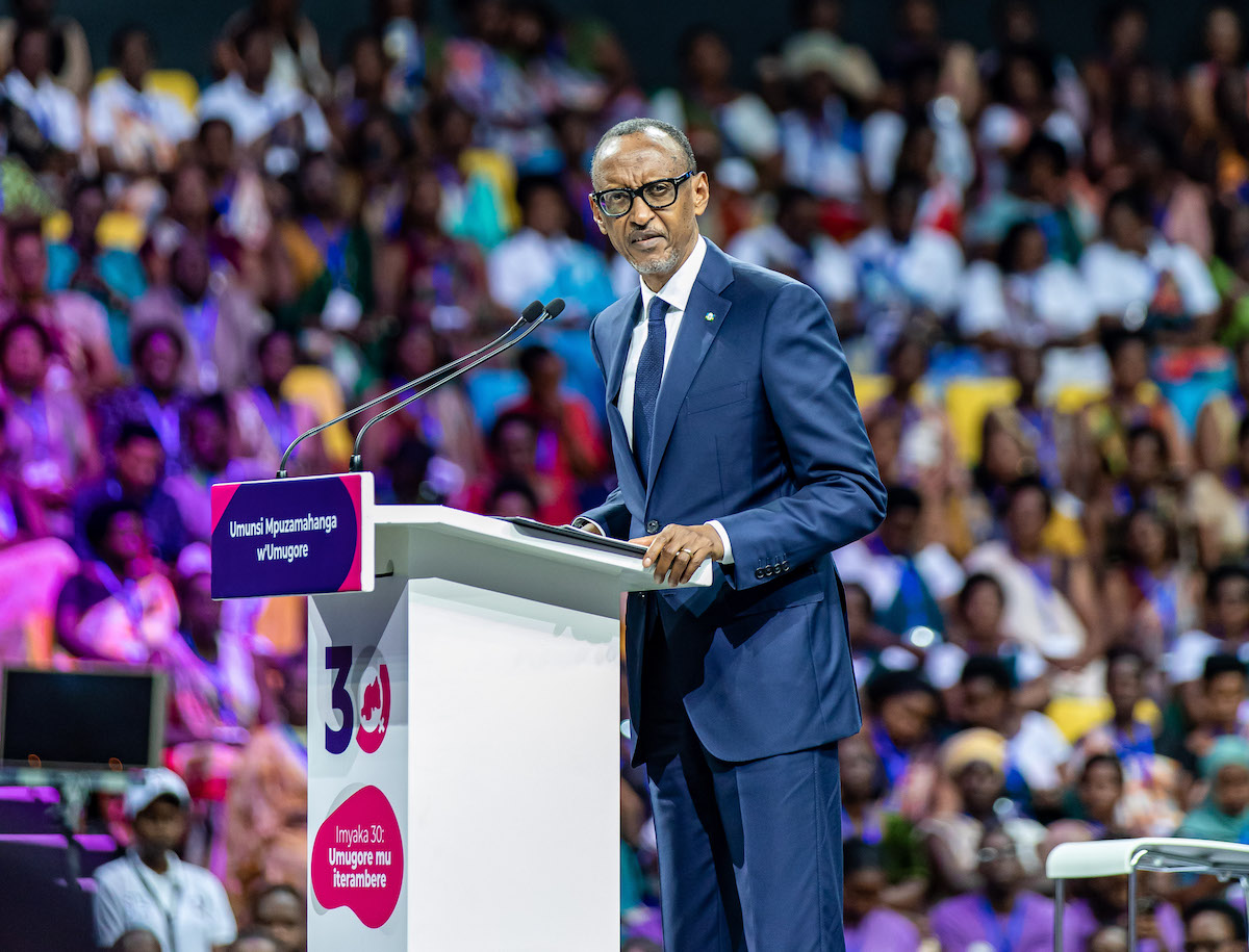 H.E Paul Kagame, President of the Republic of Rwanda speaking at the IWD national celebration at BK Arena. Photo courtesy of the Newtimes.