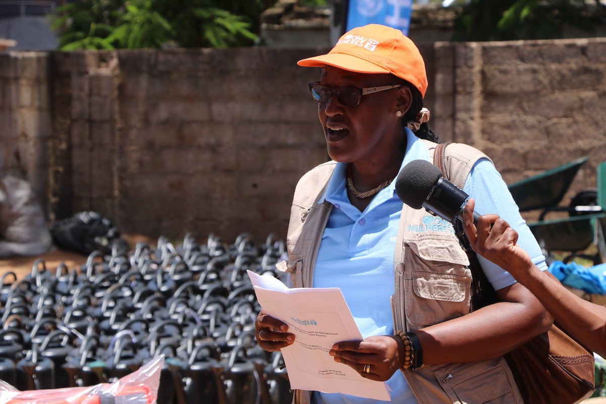 UN Women representative, Dr. Marie Laetitia Kayisire, intervening during the handover ceremony. Photo: UN Women / Edson Rufai