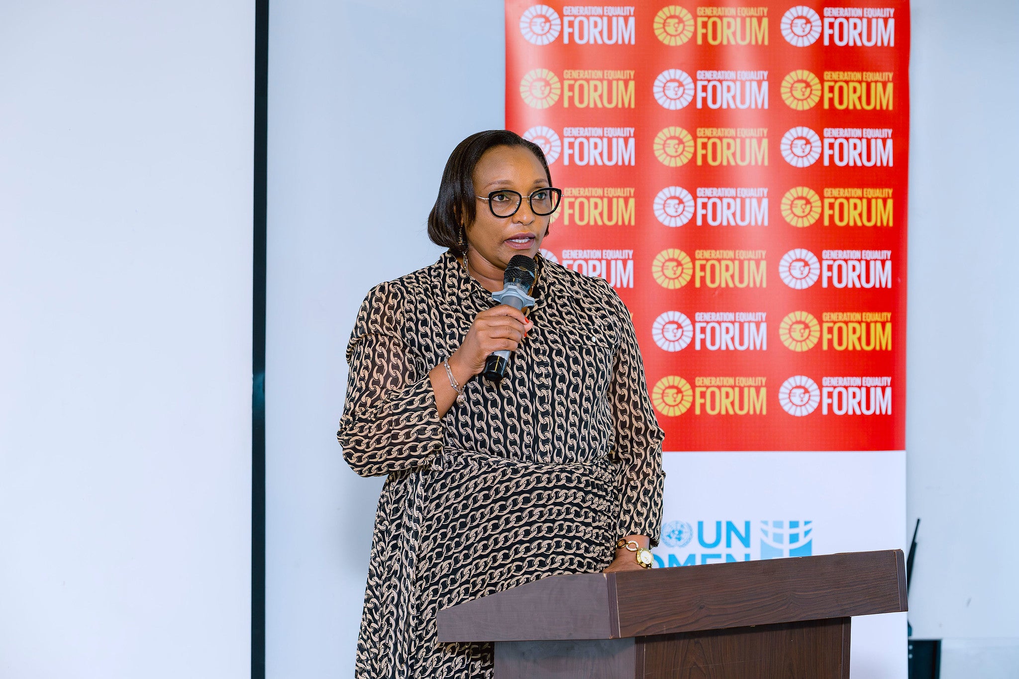 Dr. Valentine Uwamariya, Minister of Gender and Family Promotion delivering her remarks at GEF reflection event at Ubumwe Grande Hotel